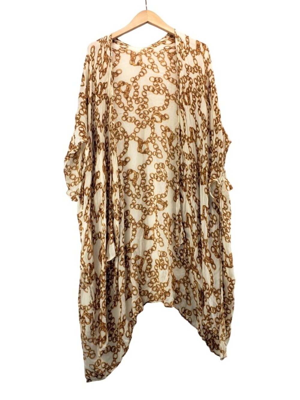 Vtg Kimono Caftan 42"x74" Open Front Flowy Gauzy Fabric Gold Chain Link Pattern